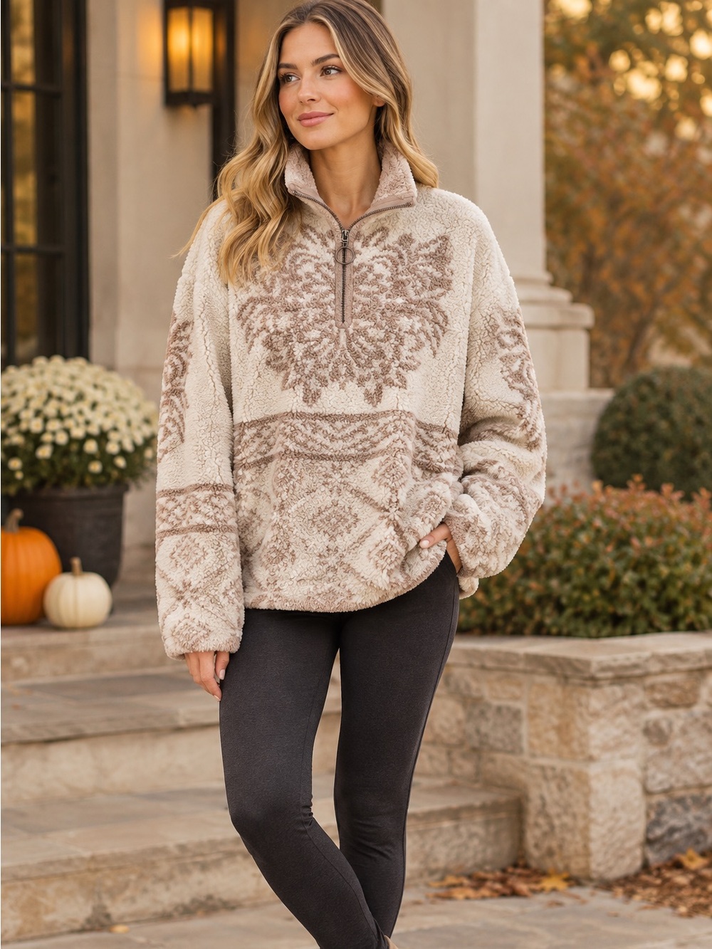 Knox Rose Taupe & Cream Sherpa Half-Zip Pullover